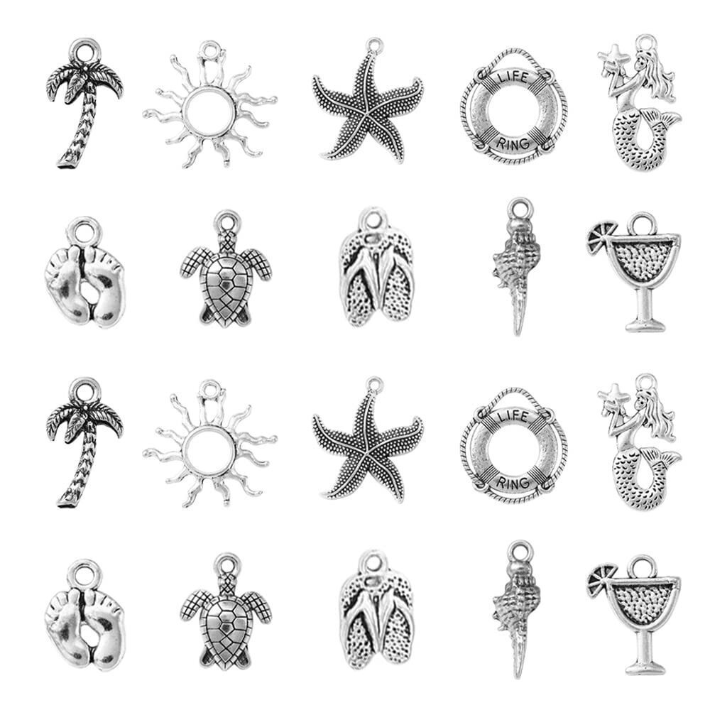 1575 100pcs 10 Styles Tibetan Style Alloy Pendants Ocean Theme Charms Conch